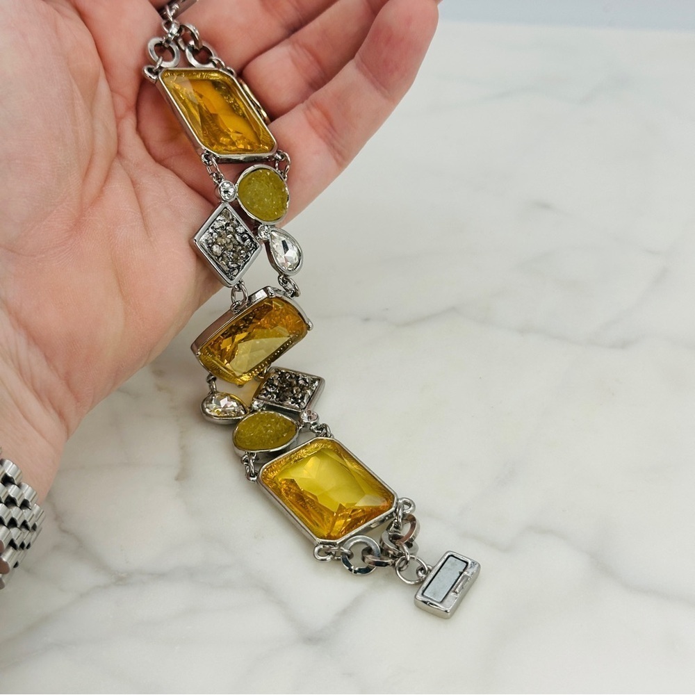 Chico’s Yellow Glass Stone Silver Tone Link Bracelet 7” Statement Jewelry